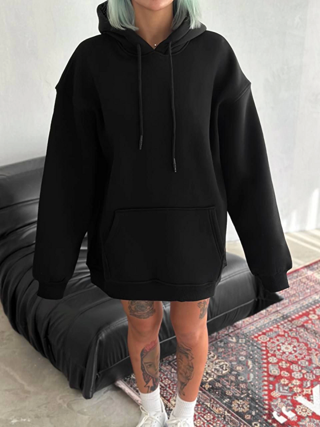Kapüşonlu Üç İplik Penye Basic Sweatshirt - Siyah-1