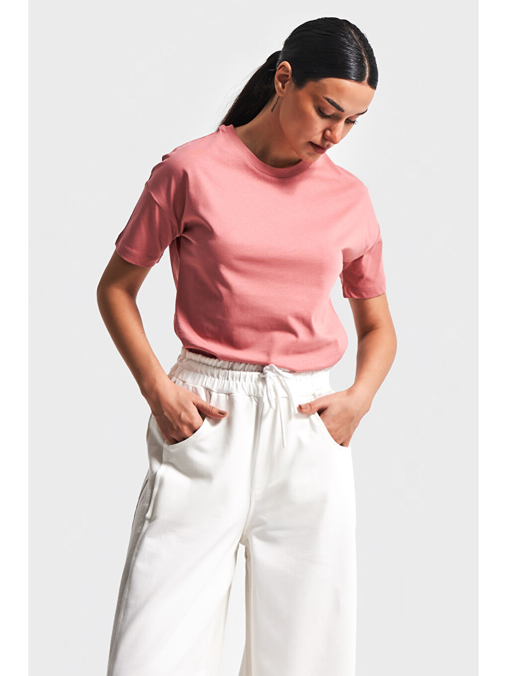 Pembe Kadın Gül Kurusu Renk S5-104 %100 Pamuk Basic Bisiklet Yaka T-Shirt-1