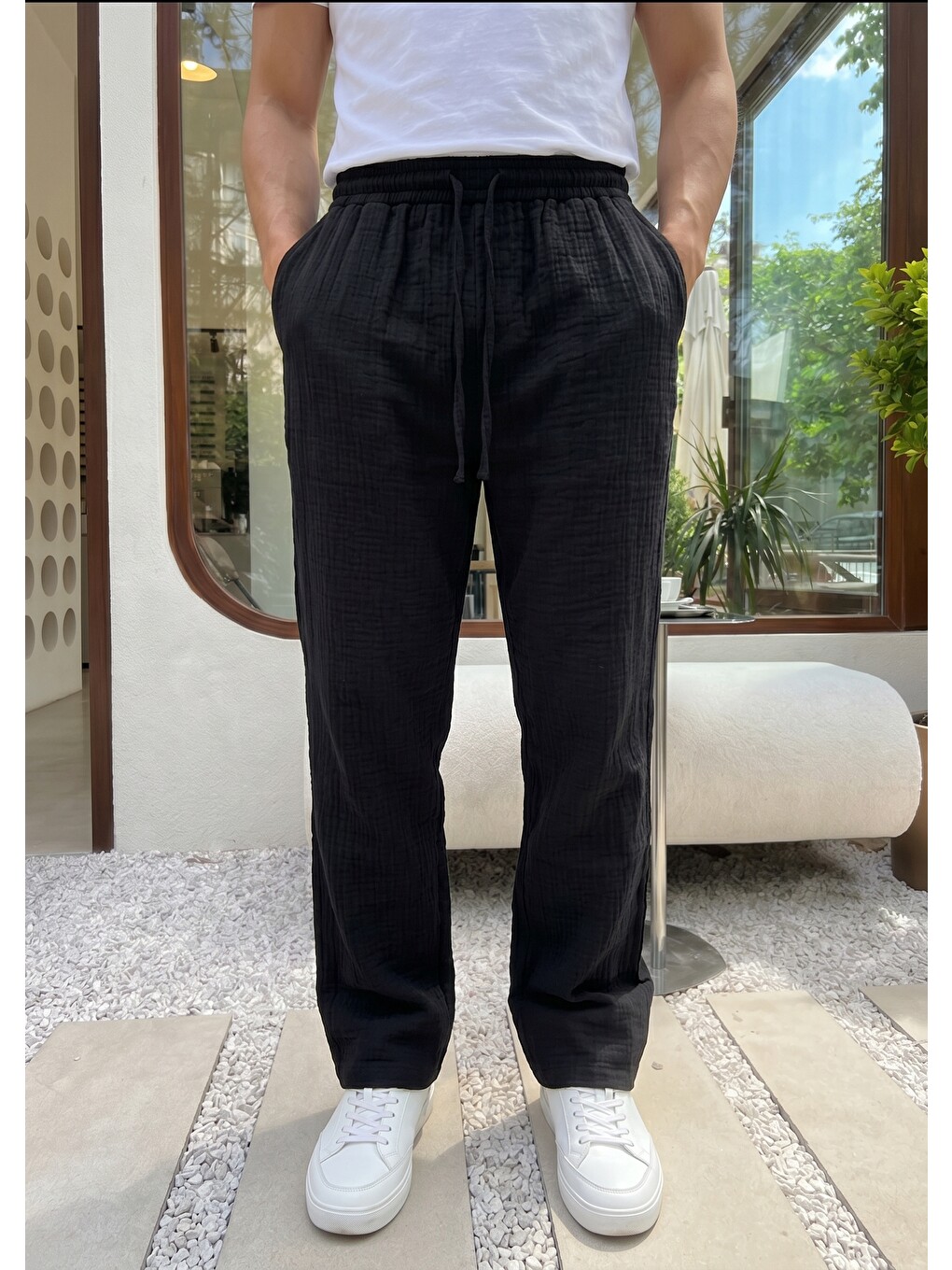 Siyah Balve %100 Pamuk Baggy Müslin Kumaş Erkek Pantolon Bağcıklı Lastikli Bel Yazlık Pantolon-1