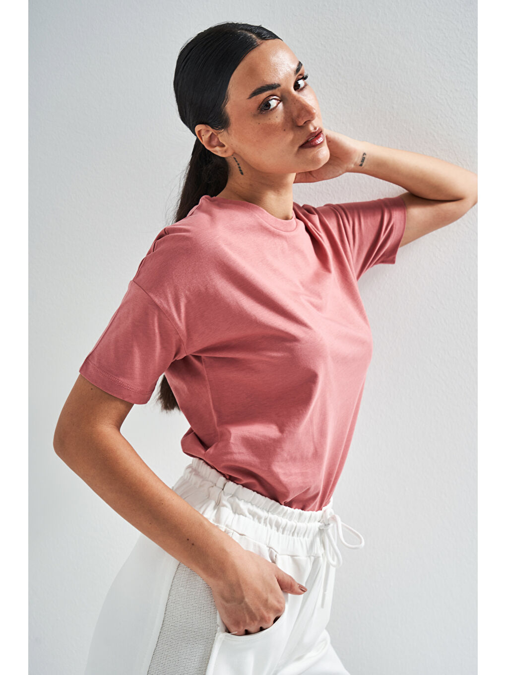 Pembe Kadın Gül Kurusu Renk S5-104 %100 Pamuk Basic Bisiklet Yaka T-Shirt-2