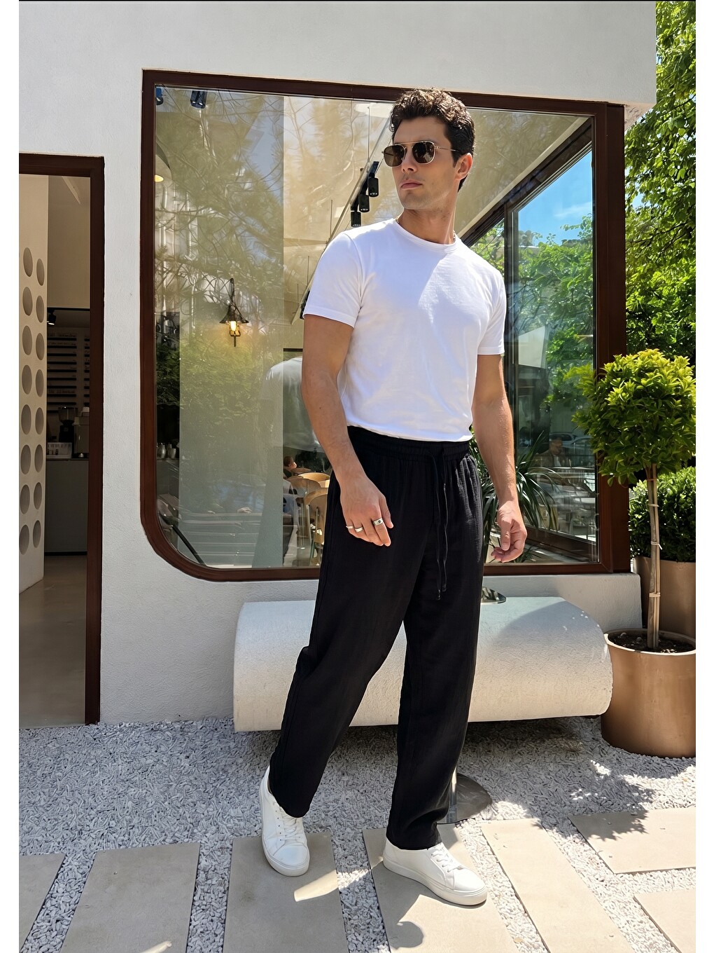 Siyah Balve %100 Pamuk Baggy Müslin Kumaş Erkek Pantolon Bağcıklı Lastikli Bel Yazlık Pantolon-2