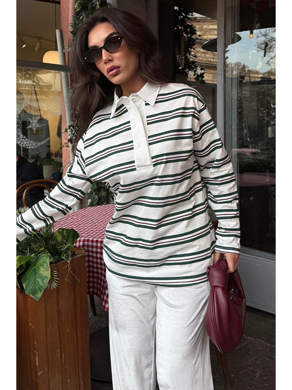 Ekru Çizgili Düğmeli Polo Yaka Kadın Uzun Kollu Tişört  Mg2587