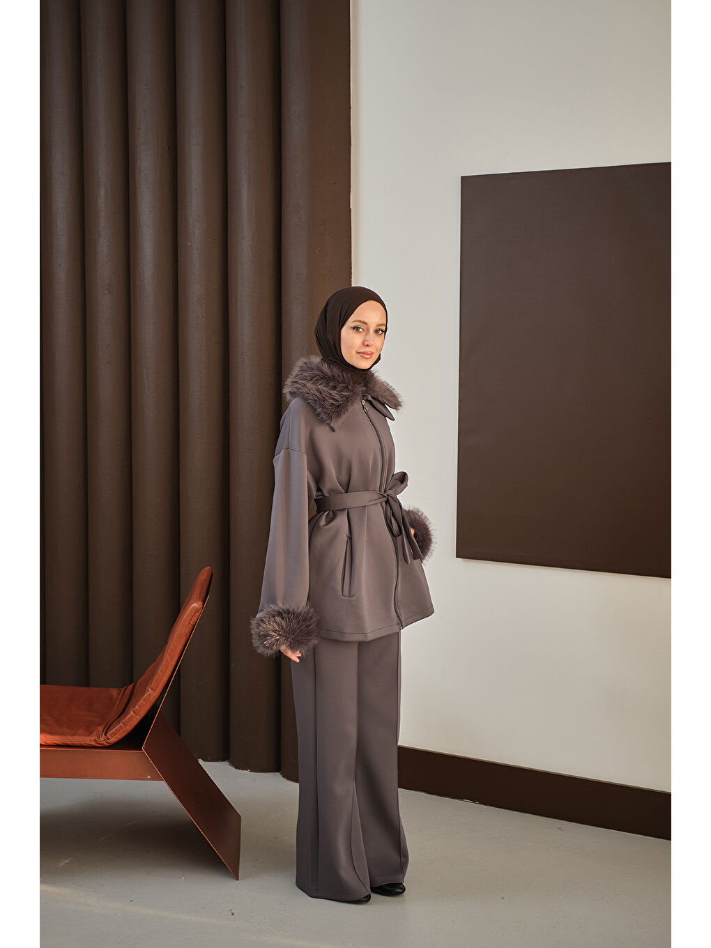 Kadın Kolları Ve Yakası Kürk Detay Takım Antrasit-2