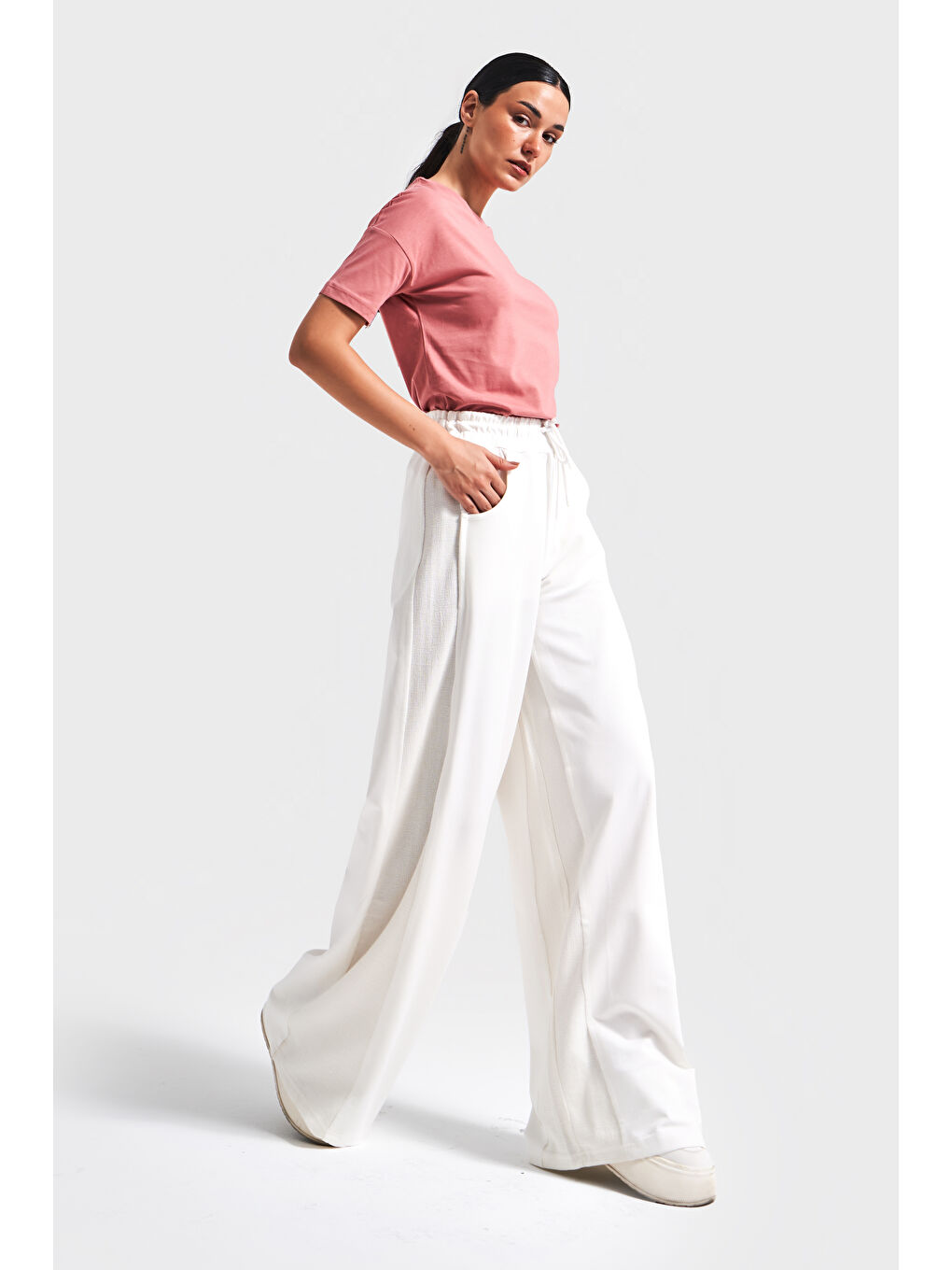 Pembe Kadın Gül Kurusu Renk S5-104 %100 Pamuk Basic Bisiklet Yaka T-Shirt-3