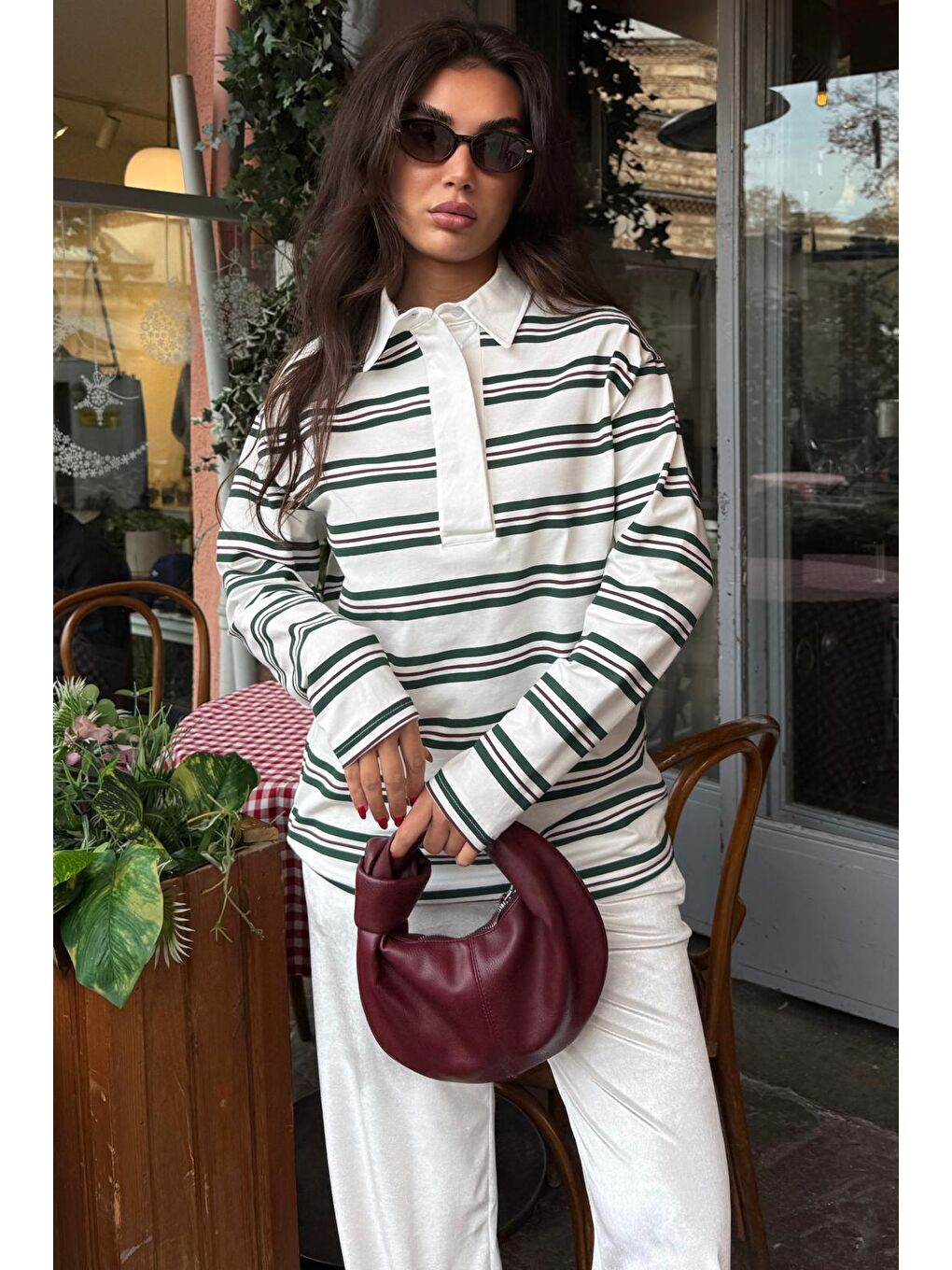 Ekru Çizgili Düğmeli Polo Yaka Kadın Uzun Kollu Tişört  Mg2587-1