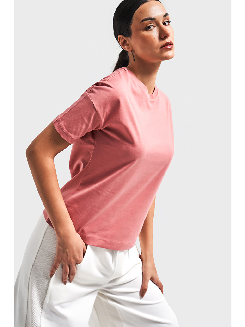 Pembe Kadın Gül Kurusu Renk S5-104 %100 Pamuk Basic Bisiklet Yaka T-Shirt-4