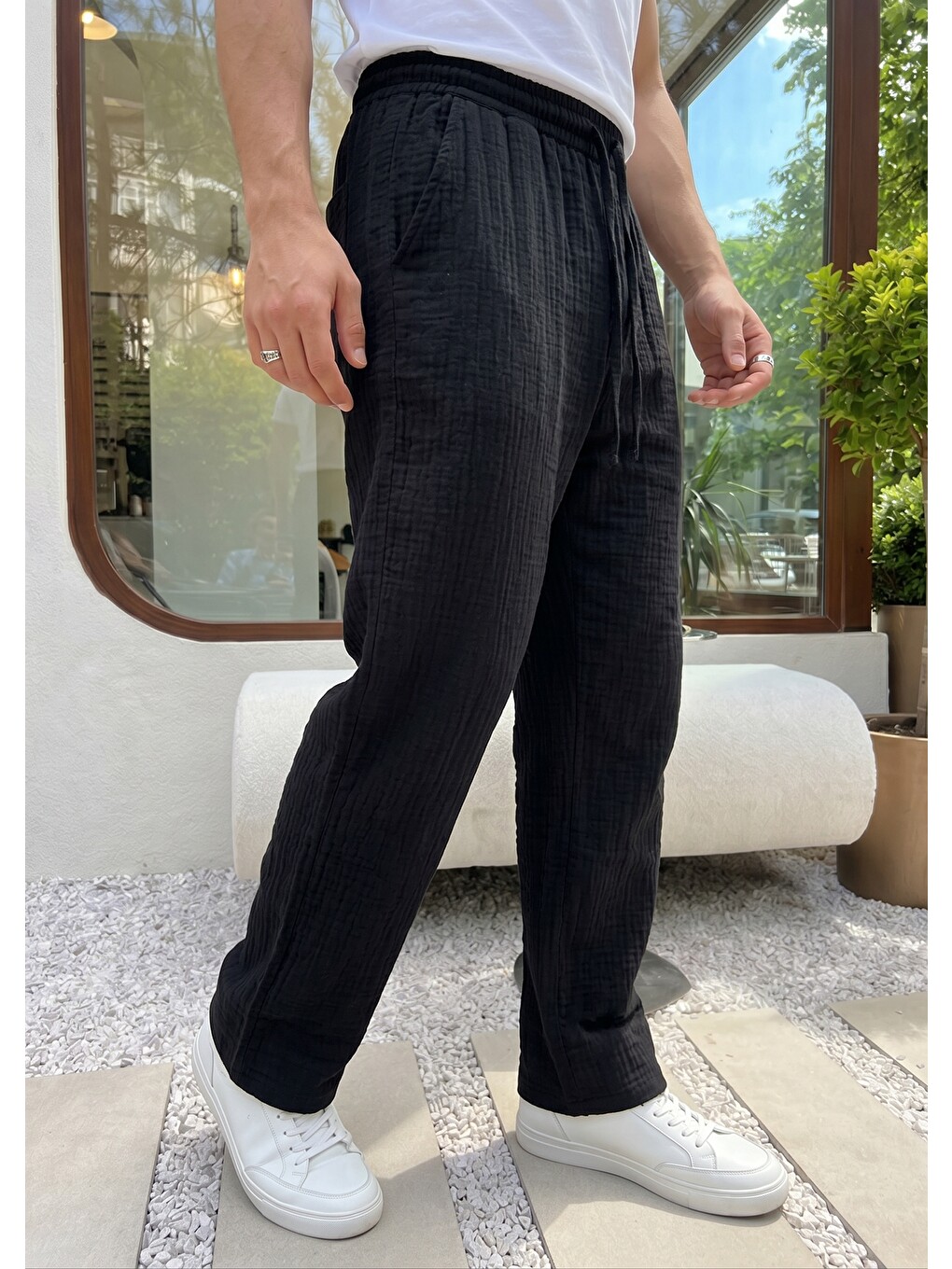 Siyah Balve %100 Pamuk Baggy Müslin Kumaş Erkek Pantolon Bağcıklı Lastikli Bel Yazlık Pantolon-3