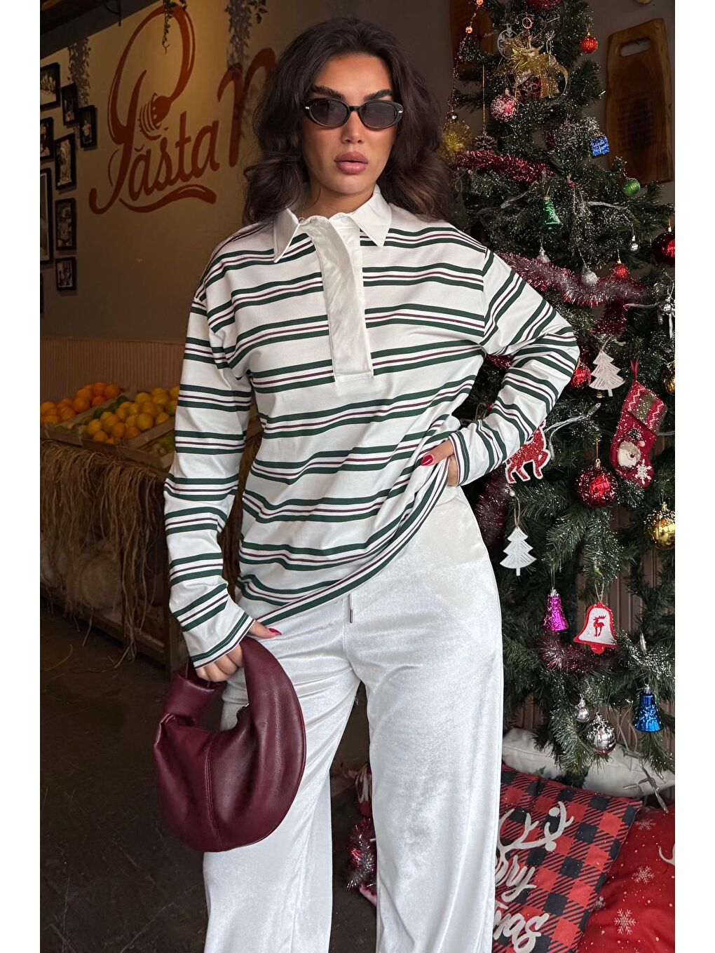 Ekru Çizgili Düğmeli Polo Yaka Kadın Uzun Kollu Tişört  Mg2587-2