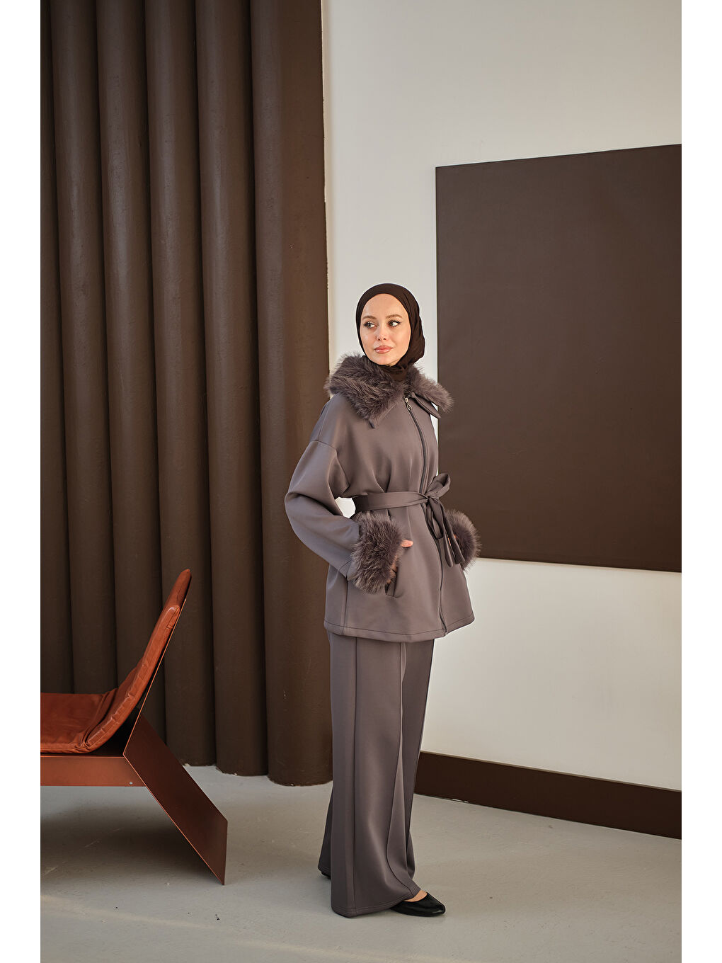 Kadın Kolları Ve Yakası Kürk Detay Takım Antrasit-3