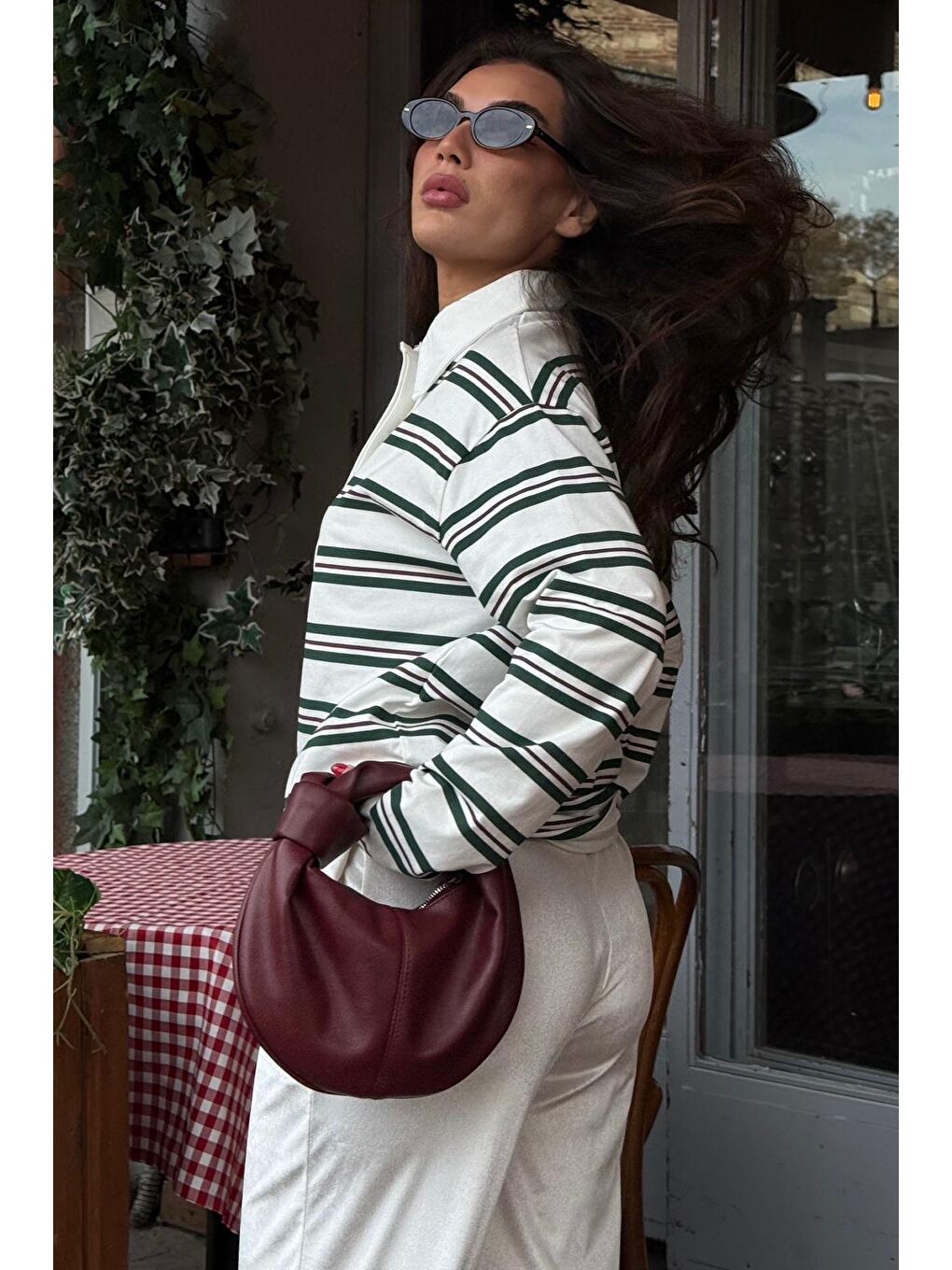 Ekru Çizgili Düğmeli Polo Yaka Kadın Uzun Kollu Tişört  Mg2587-3