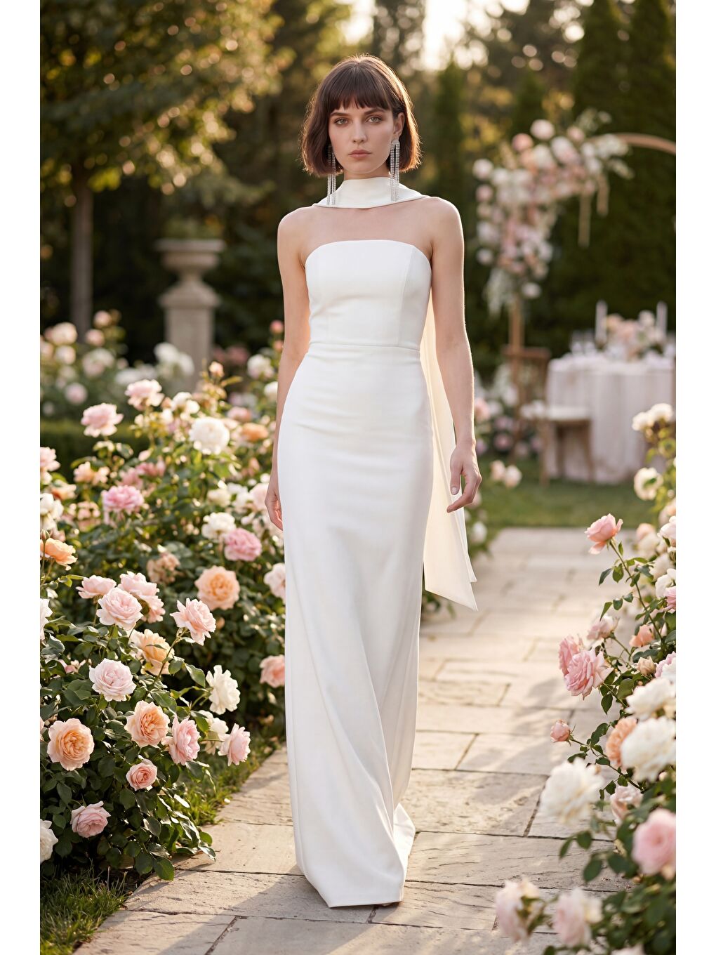 Kadın Beyaz Dar Kalıp Şal Yaka Detay Uzun Abiye Elbise-4