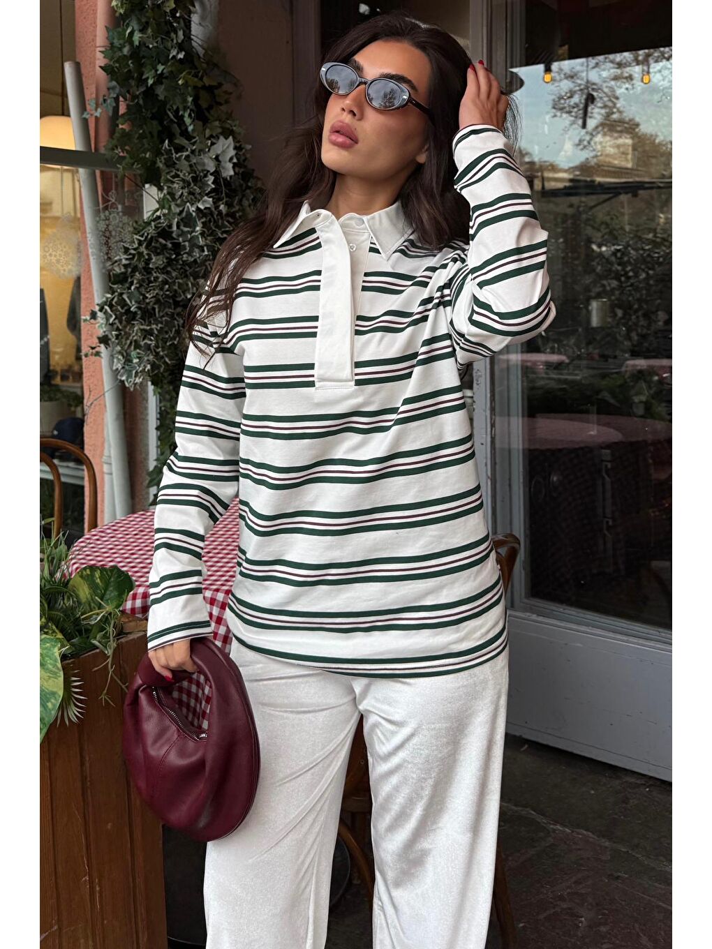 Ekru Çizgili Düğmeli Polo Yaka Kadın Uzun Kollu Tişört  Mg2587-4