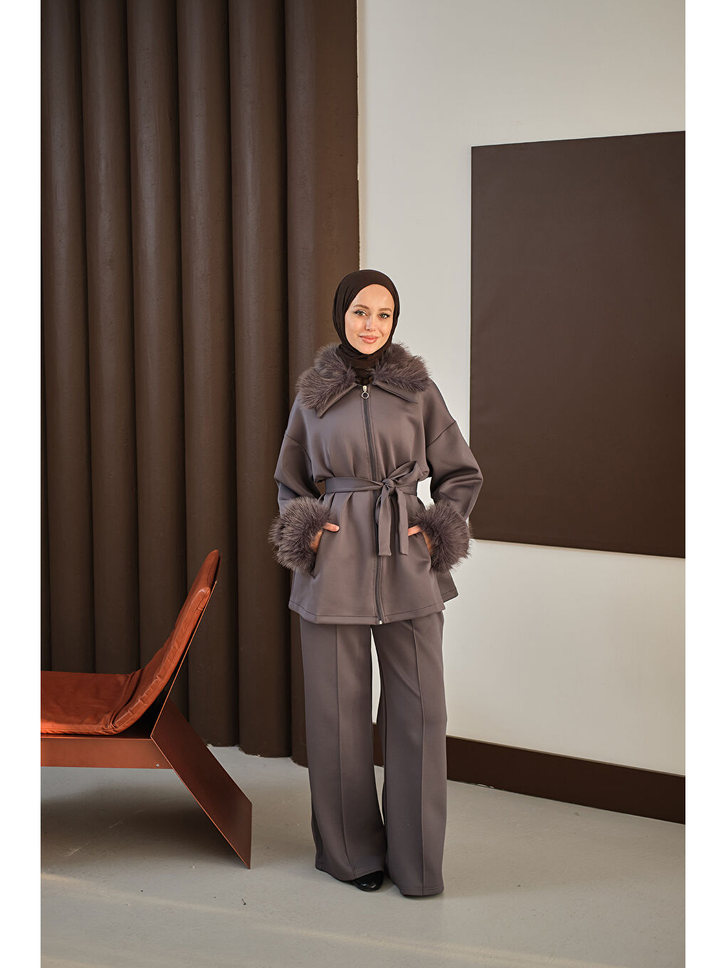 Kadın Kolları Ve Yakası Kürk Detay Takım Antrasit-4