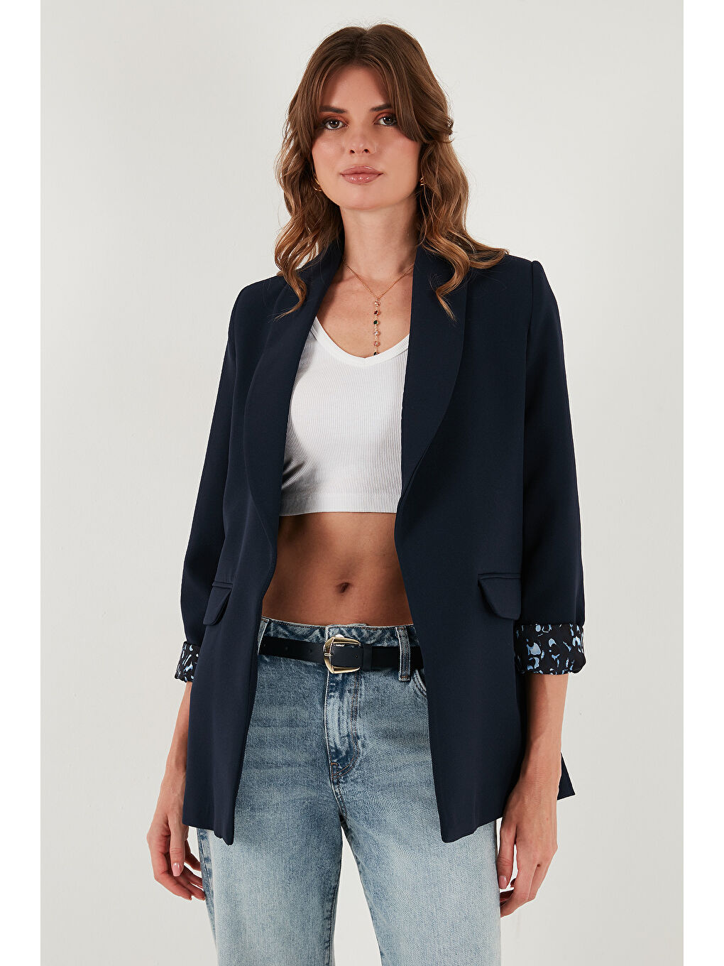 Lacivert Regular Fit Klasik Yaka Desenli Astar Detaylı Blazer Ceket 6839227-2