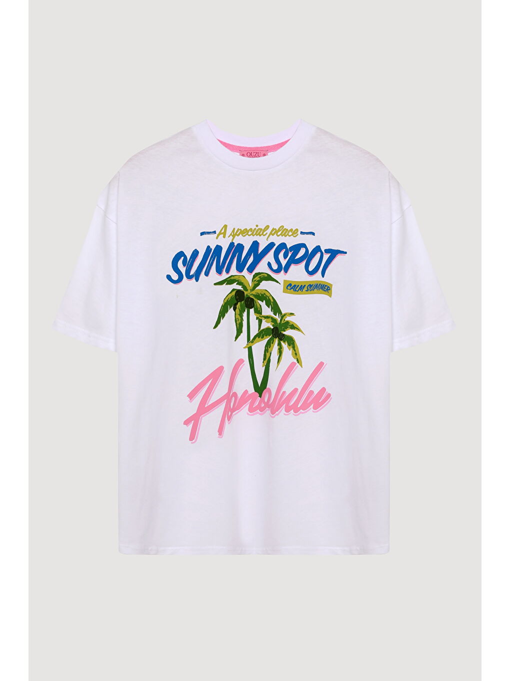 Palmiye Ağaç Baskılı Tişört Beyaz