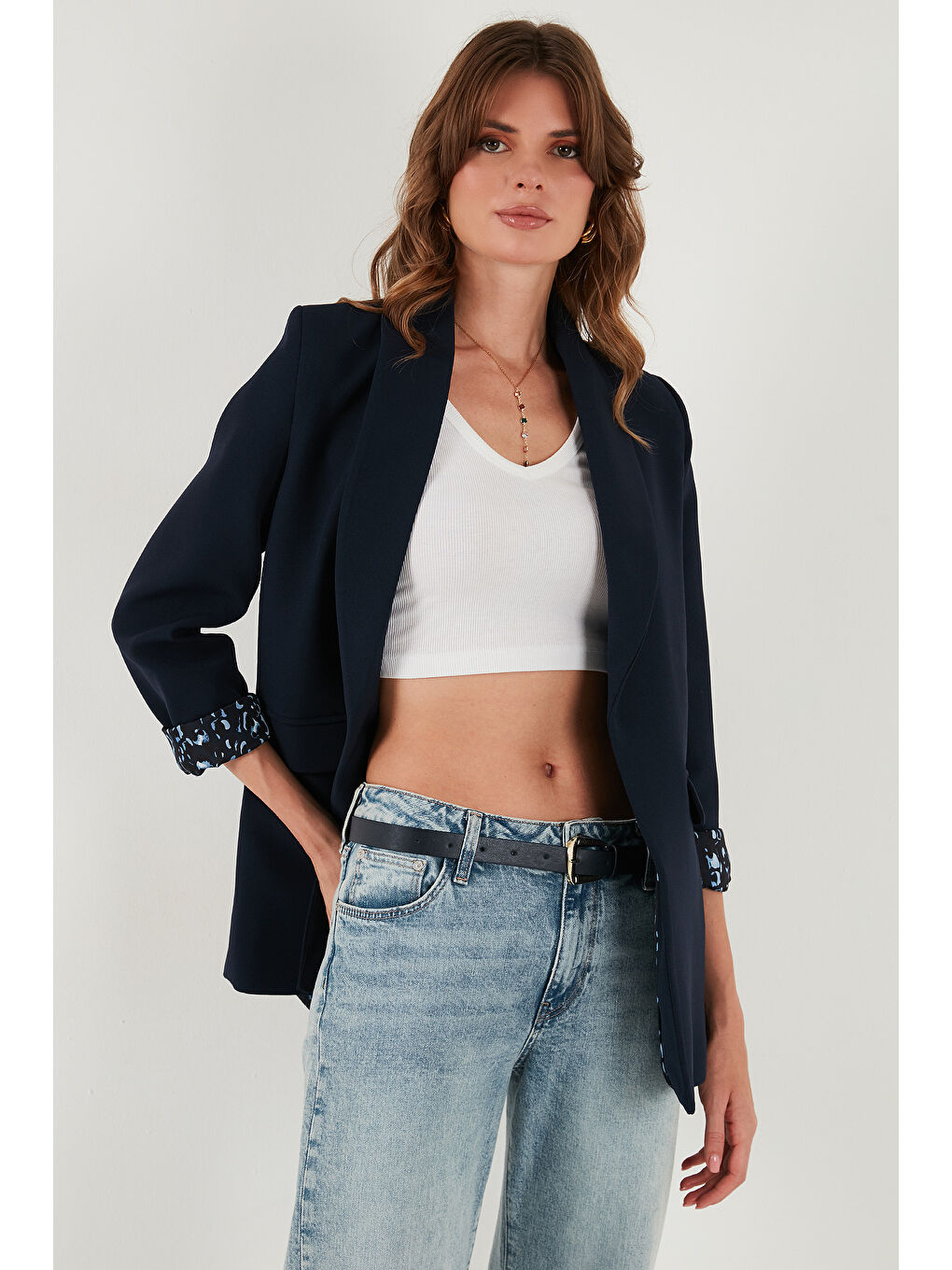 Lacivert Regular Fit Klasik Yaka Desenli Astar Detaylı Blazer Ceket 6839227-3