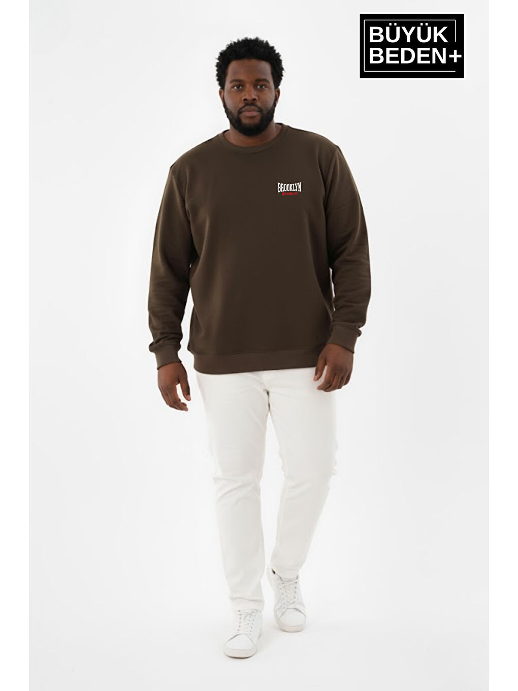 Haki Erkek Büyük Beden BROOKLYN 1970 Baskılı Bisilet Yaka İnce Sweatshirt SPR26BSW956-3