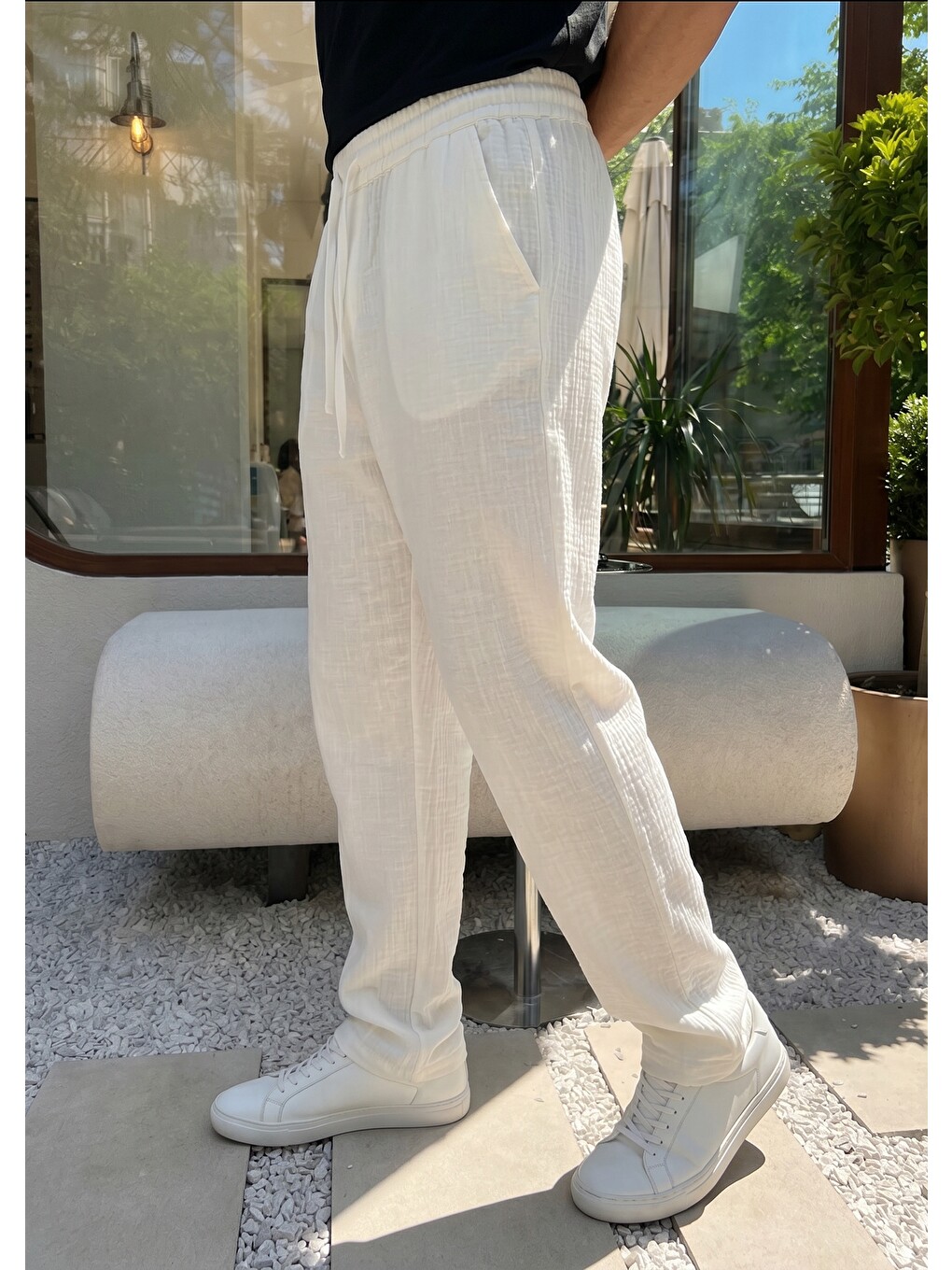 Beyaz Balve %100 Pamuk Baggy Müslin Kumaş Erkek Pantolon Bağcıklı Lastikli Bel Yazlık Pantolon-1