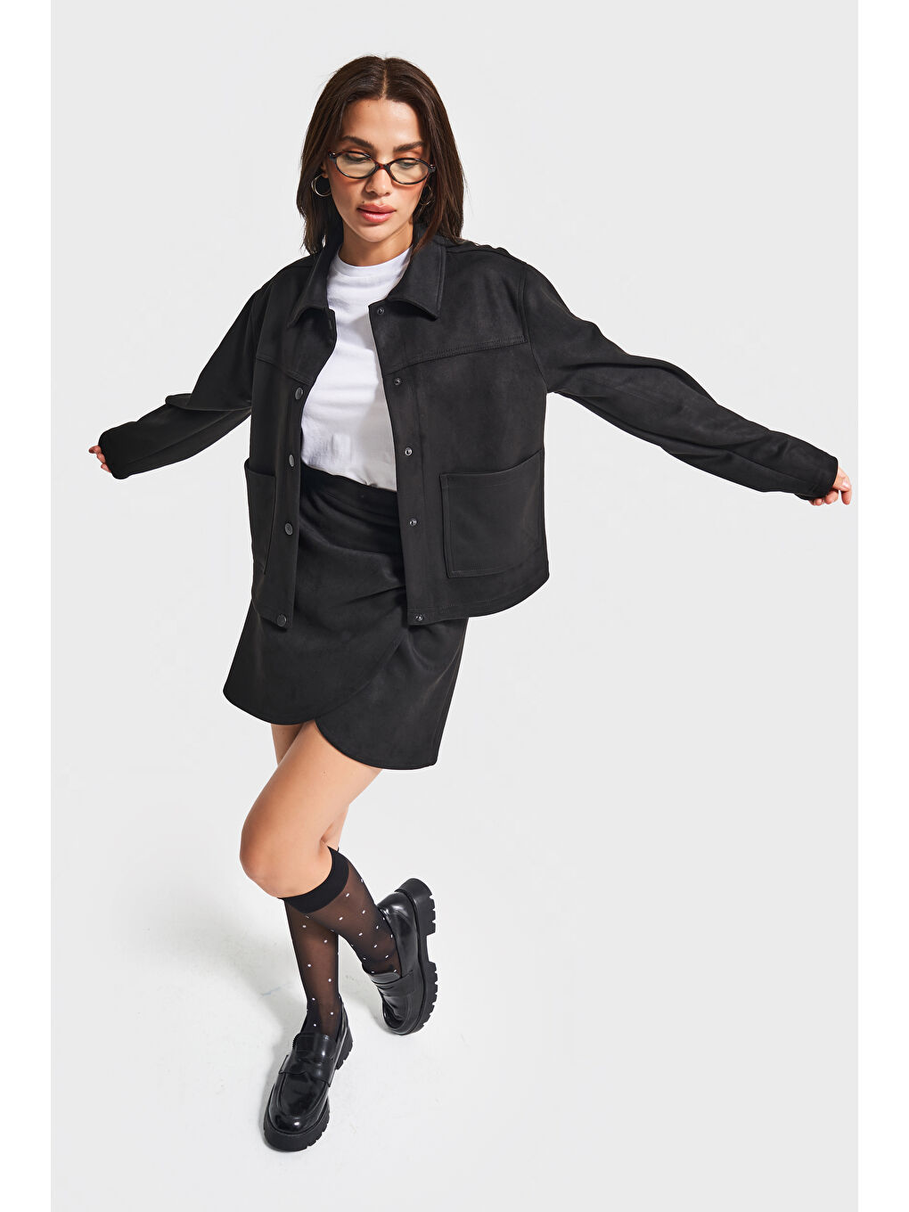 Kadın Siyah Renk w5-1 Süet Yumuşak Kumaş Önü Düğmeli Ceket-1