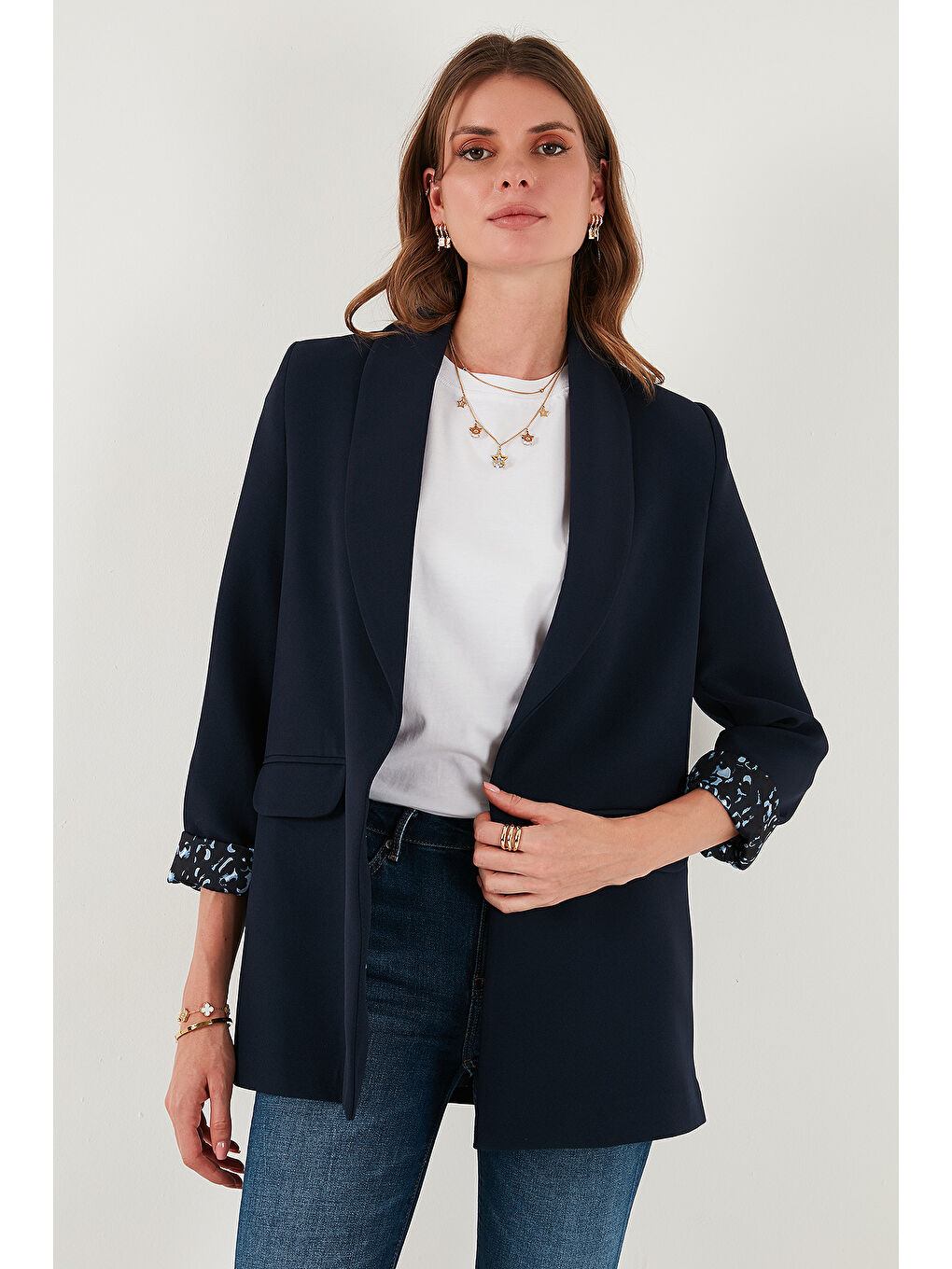 Lacivert Regular Fit Klasik Yaka Desenli Astar Detaylı Blazer Ceket 6839227-4