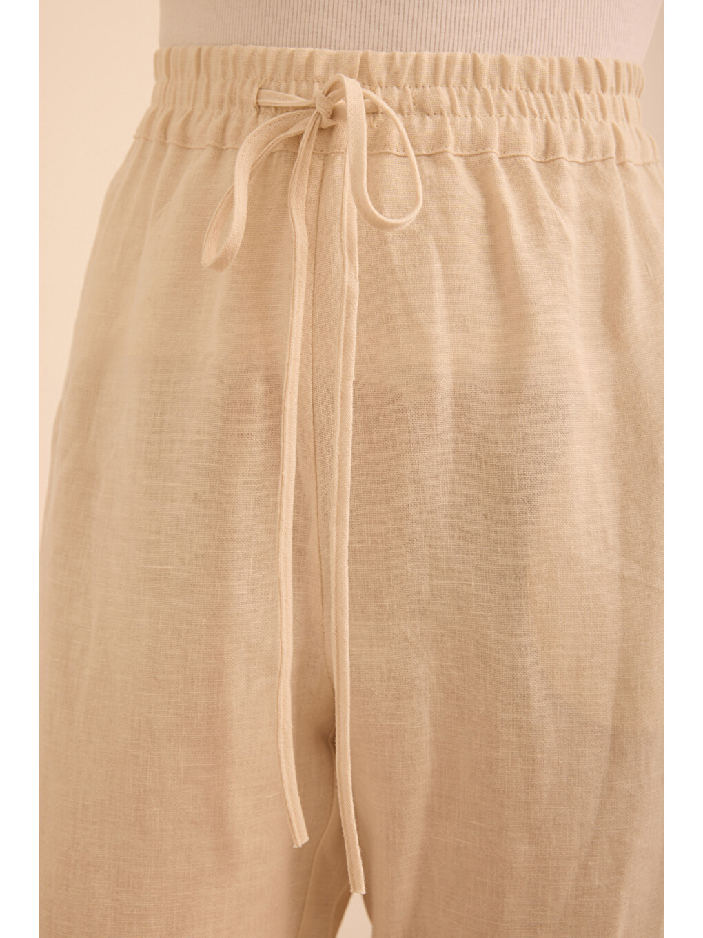 Bej Beli Lastikli Keten Pantolon-4