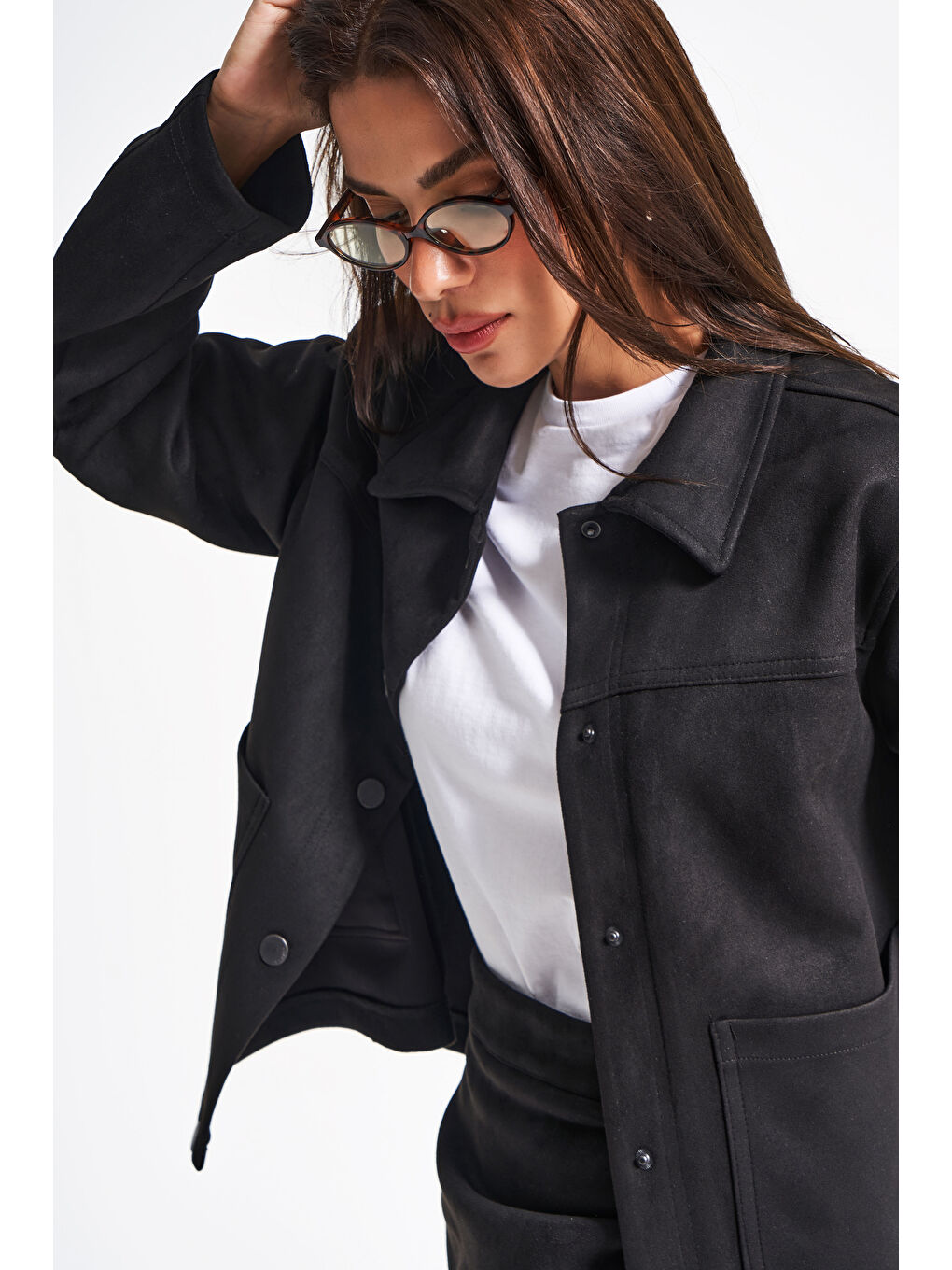 Kadın Siyah Renk w5-1 Süet Yumuşak Kumaş Önü Düğmeli Ceket-3