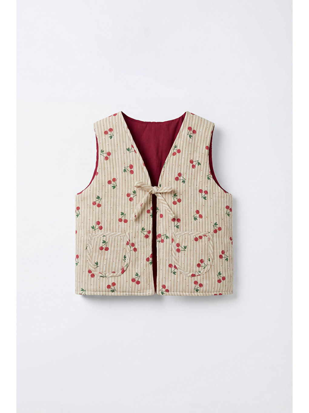 Karışık Kız Çocuk Pamuklu Bej Kiraz Desenli Bağlamalı Yelek