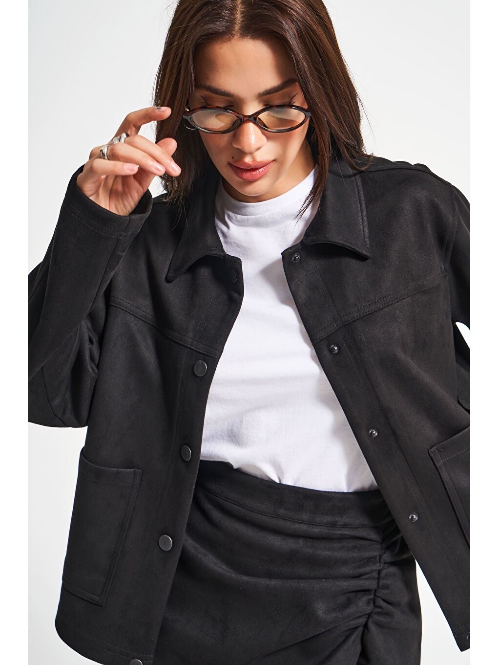 Kadın Siyah Renk w5-1 Süet Yumuşak Kumaş Önü Düğmeli Ceket-4