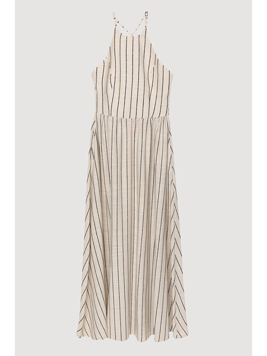 Bej Halter Yaka Sırtı Bağlamalı Çizgili Uzun Elbise Naturel