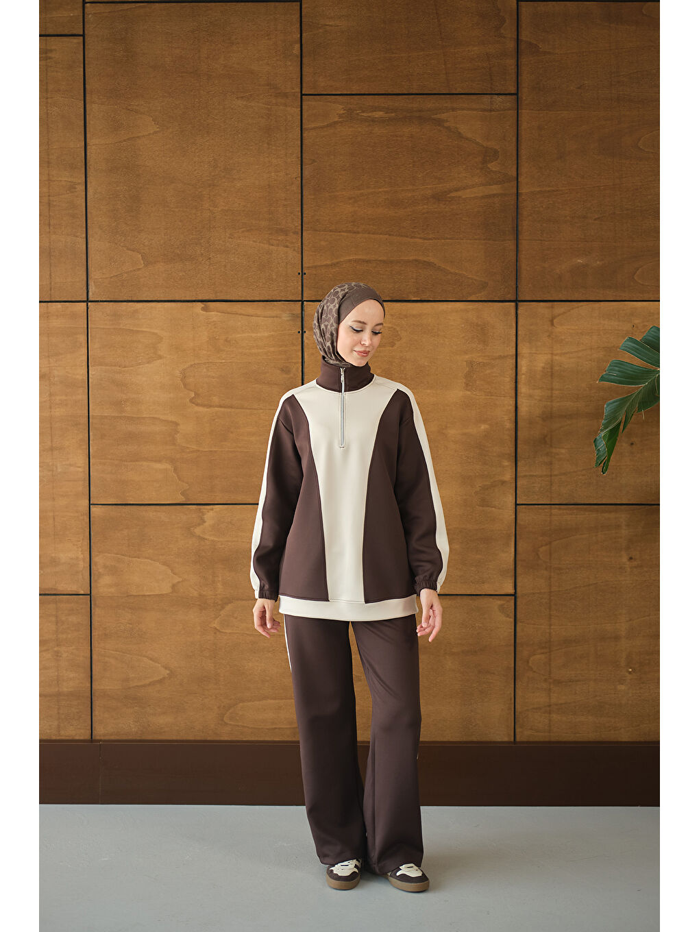 Kadın Çift Renk Fermuar Detay Takım Kahverengi