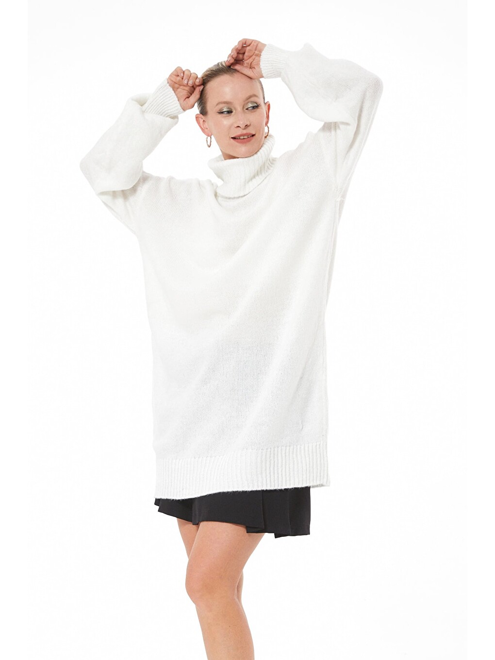 Ekru Basic Balıkçı Yaka Oversize Triko Kazak-1