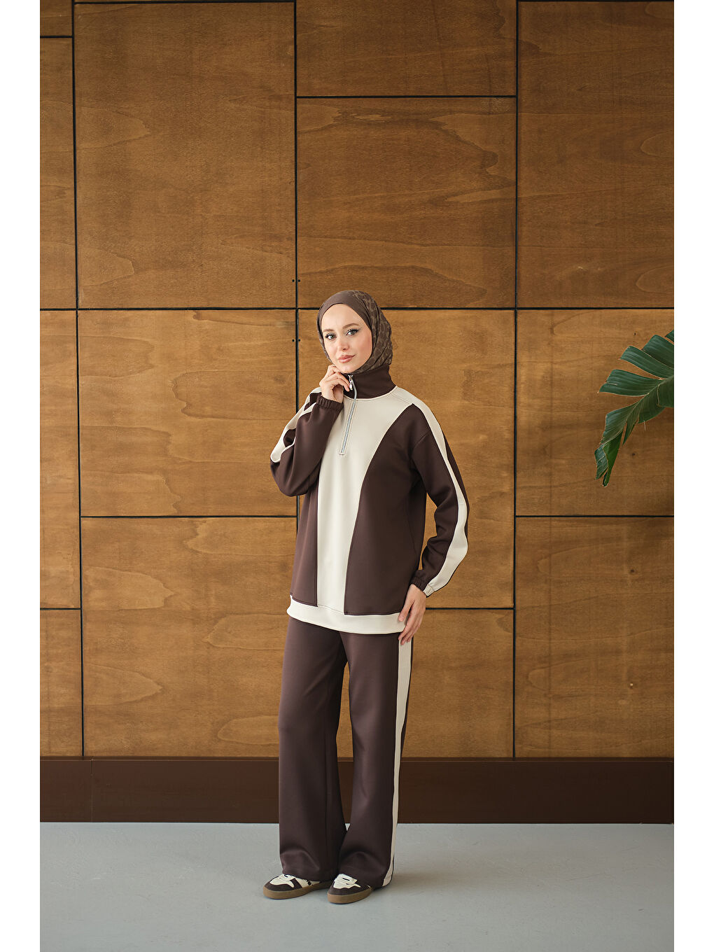 Kadın Çift Renk Fermuar Detay Takım Kahverengi-1