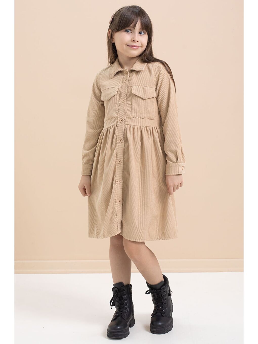 Kahverengi Kız Çocuk Cep Detaylı Kadife Desenli Elbise 21548-1