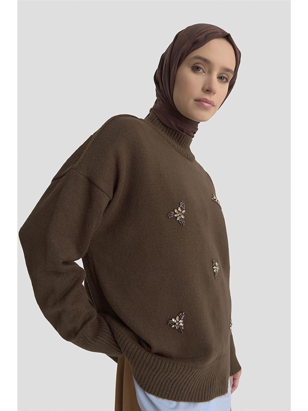 Kahverengi Nakışlı Oversize Kazak 25Kd6015 Acı Kahve