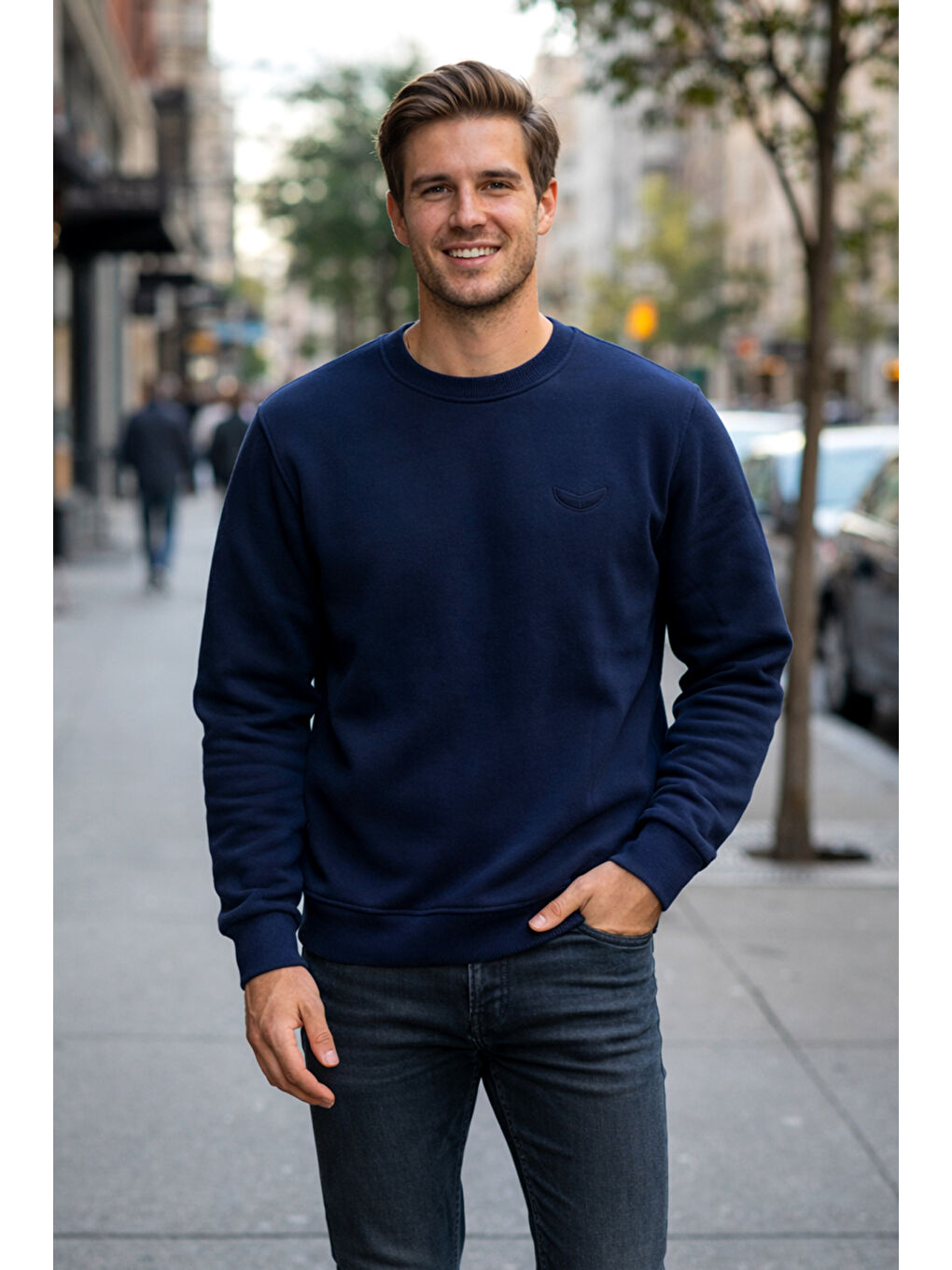 Erkek İçi Şardonlu Bisiklet Yaka Pamuklu Sweatshirt 0319 Lacivert