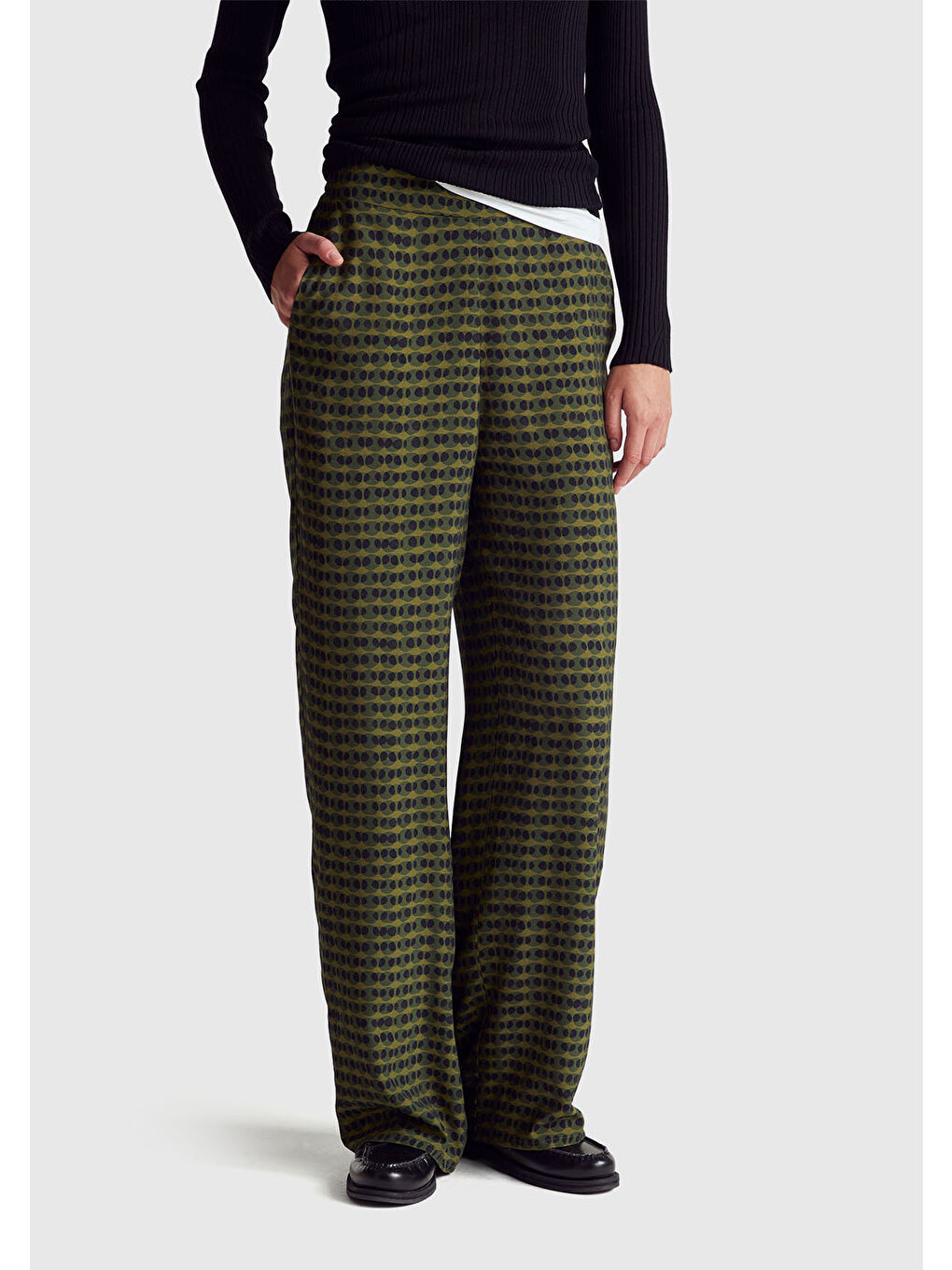 Kadın Koyu Yeşil %100 Viskoz Tamamı Desenli Beli Lastikli Pantolon