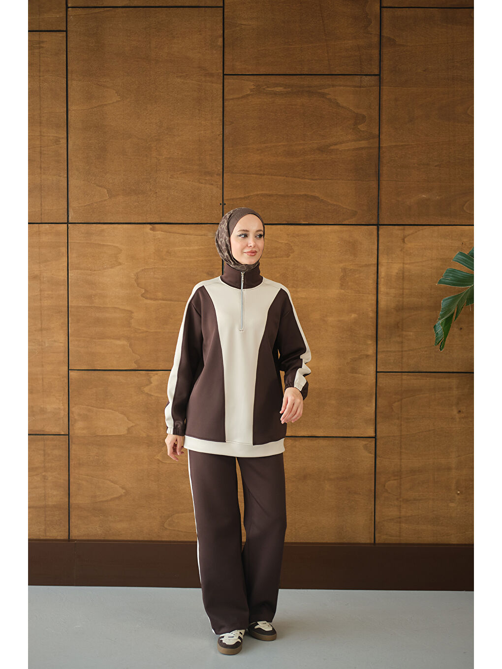 Kadın Çift Renk Fermuar Detay Takım Kahverengi-2