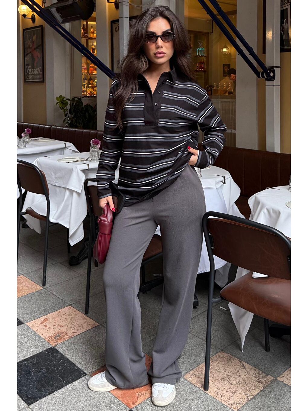 Siyah Çizgili Düğmeli Polo Yaka Kadın Uzun Kollu Tişört  Mg2587-3