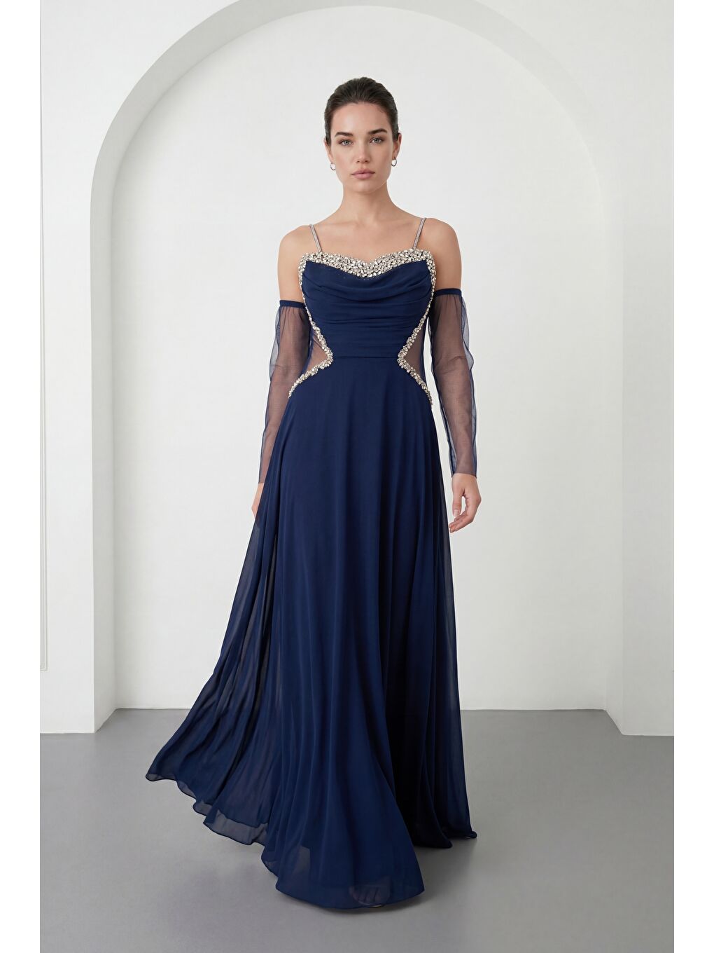 Kadın Lacivert Taşlı Şifon Uzun Abiye Elbise