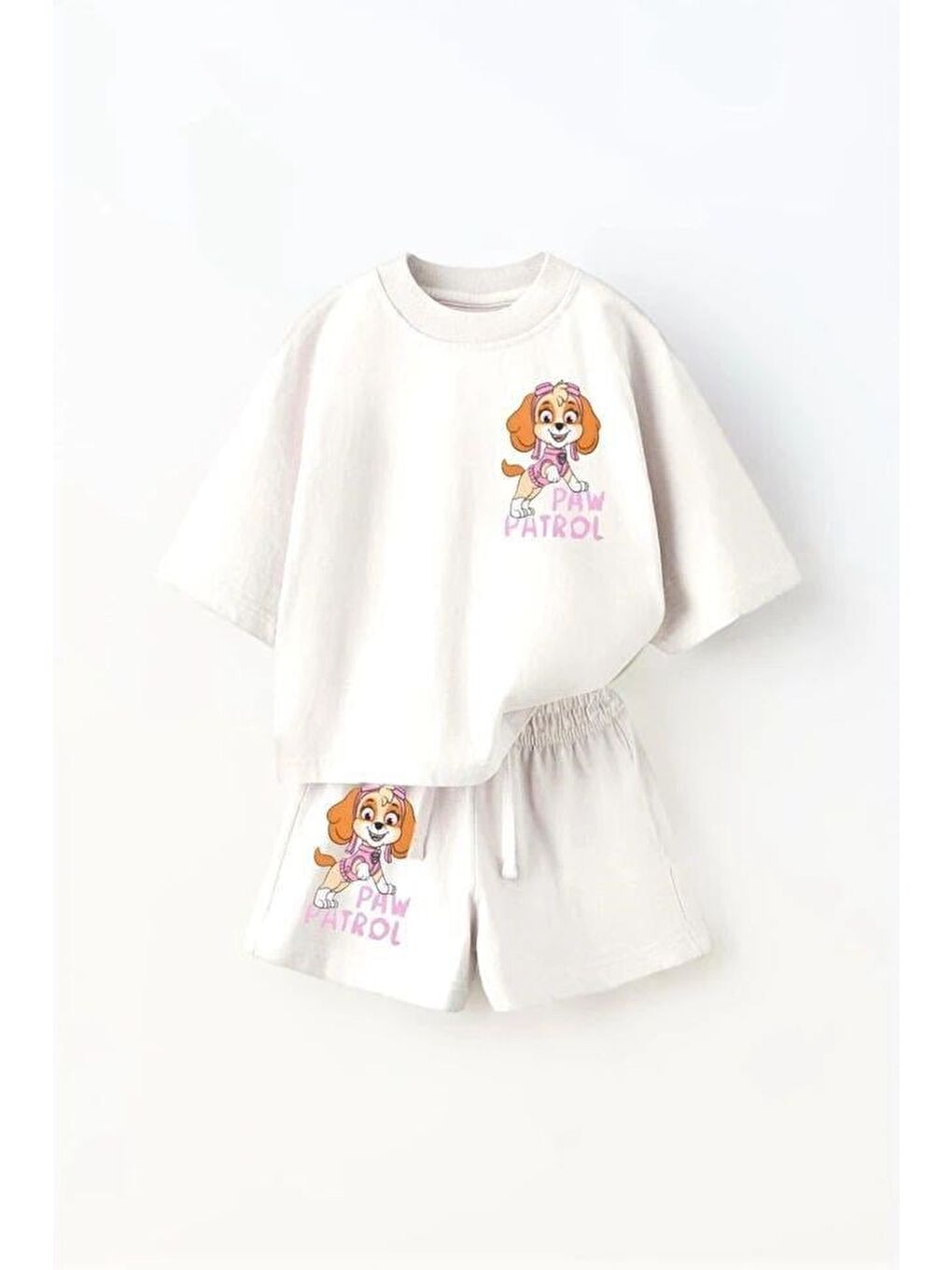 Beyaz Kız Çocuk Pamuklu Ekru Tişört Şort Takım