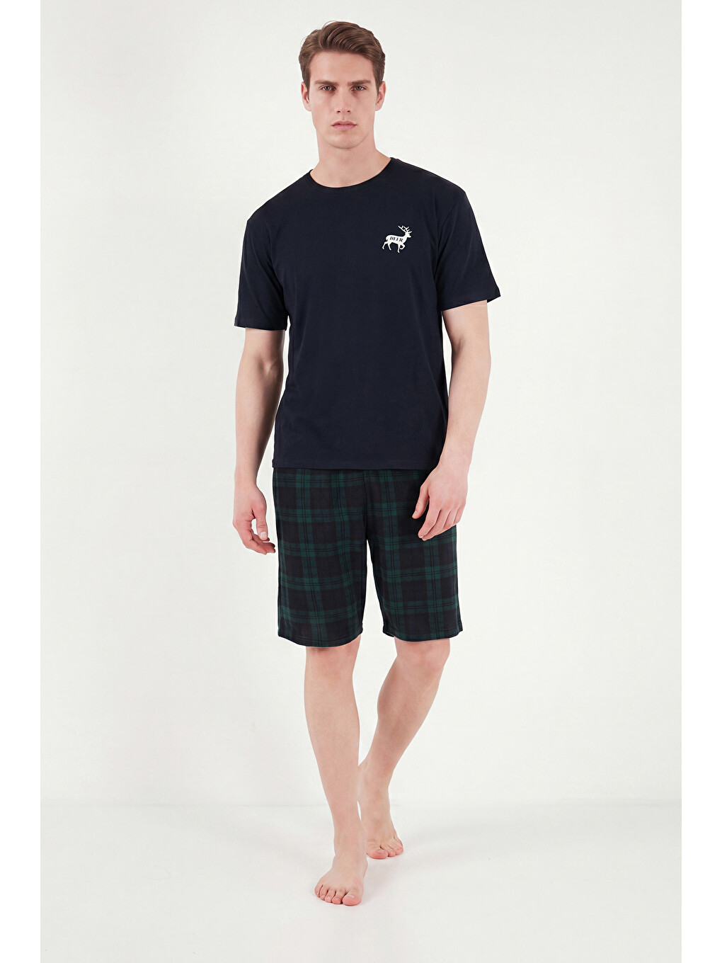 Lacivert Kareli Pamuklu Regular Fit Şortlu Pijama Takımı 6572022-1