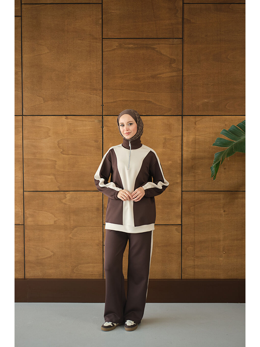 Kadın Çift Renk Fermuar Detay Takım Kahverengi-3