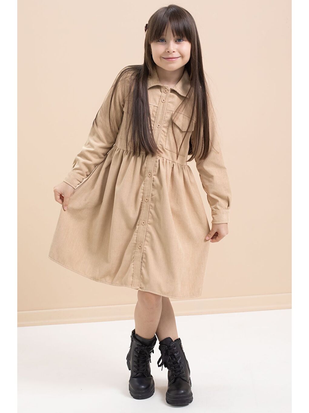 Kahverengi Kız Çocuk Cep Detaylı Kadife Desenli Elbise 21548-3