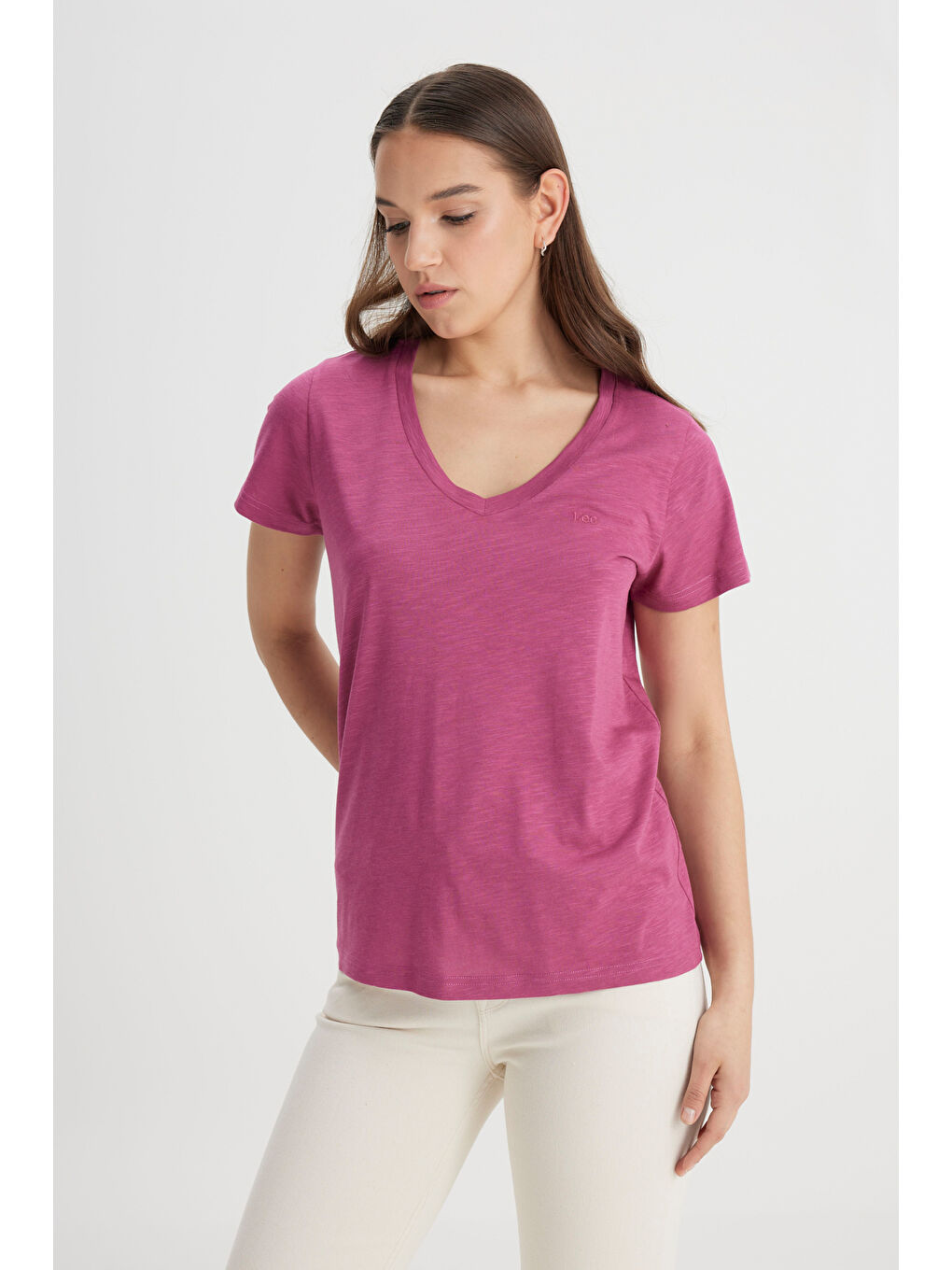 Regular Fit Normal Kesim V Yaka Mor Tişört-1