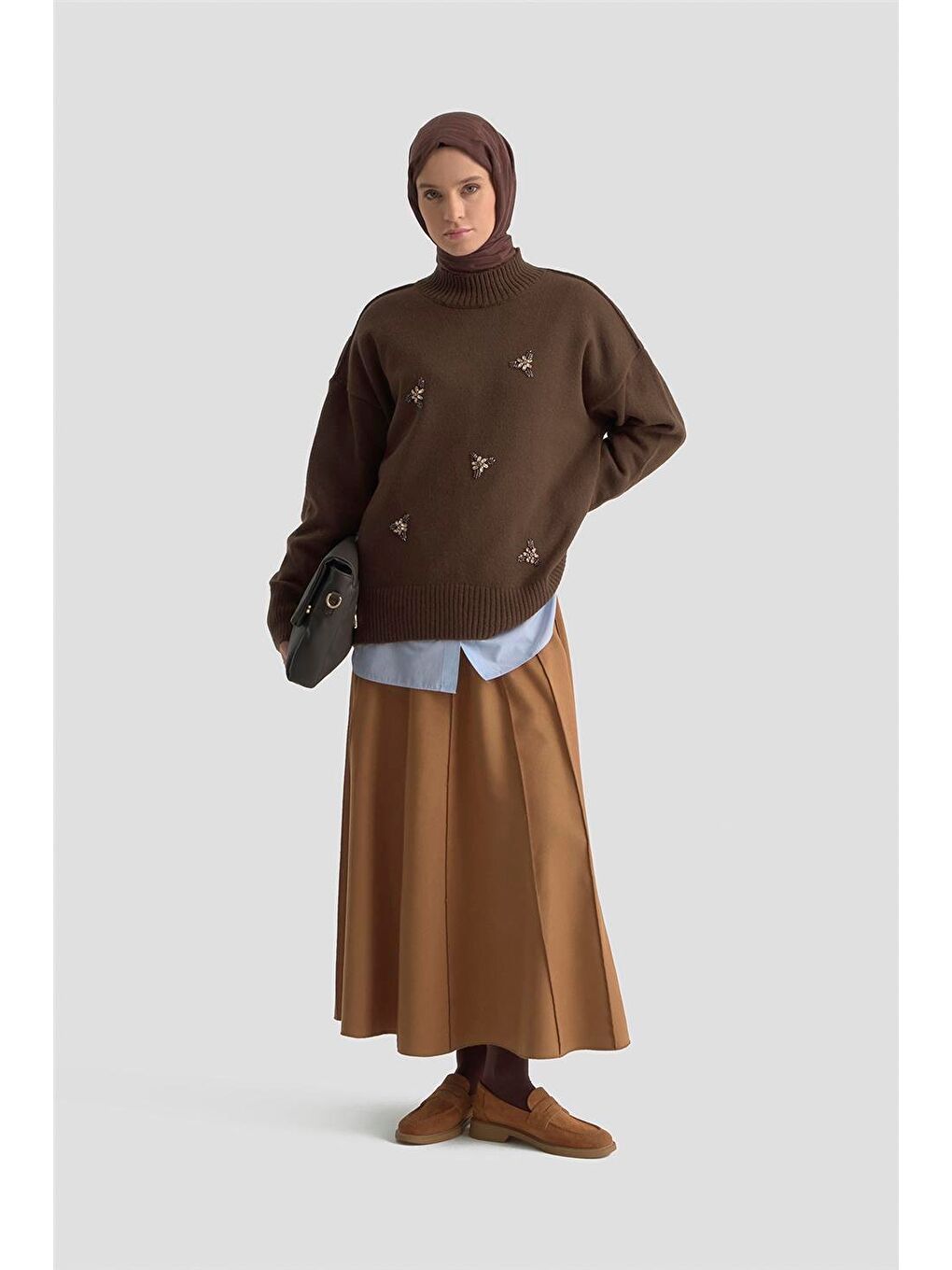 Kahverengi Nakışlı Oversize Kazak 25Kd6015 Acı Kahve-2