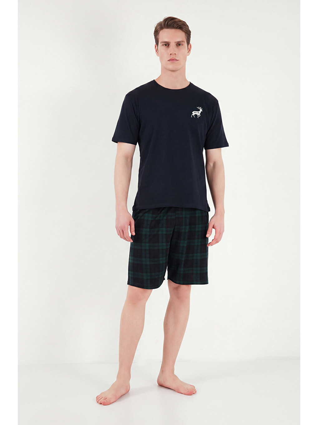 Lacivert Kareli Pamuklu Regular Fit Şortlu Pijama Takımı 6572022-2