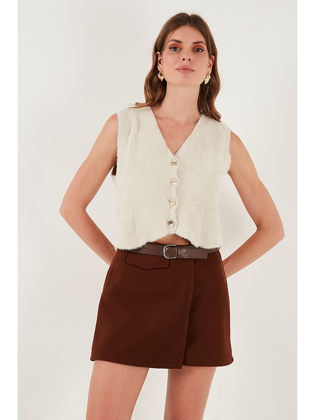 Bej Regular Fit V Yaka Yumuşak Dokulu Düğmeli Yelek 4615241-2