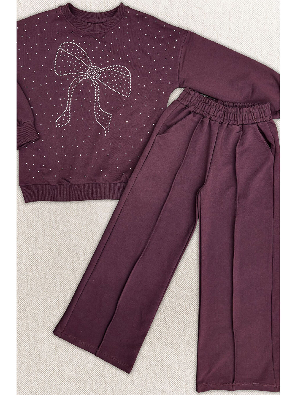 Mürdüm Kız Çocuk Taş Süslemeli Fiyonk Desenli 2 İplik Alt-Üst Takım 4-12 Yaş 12512-1
