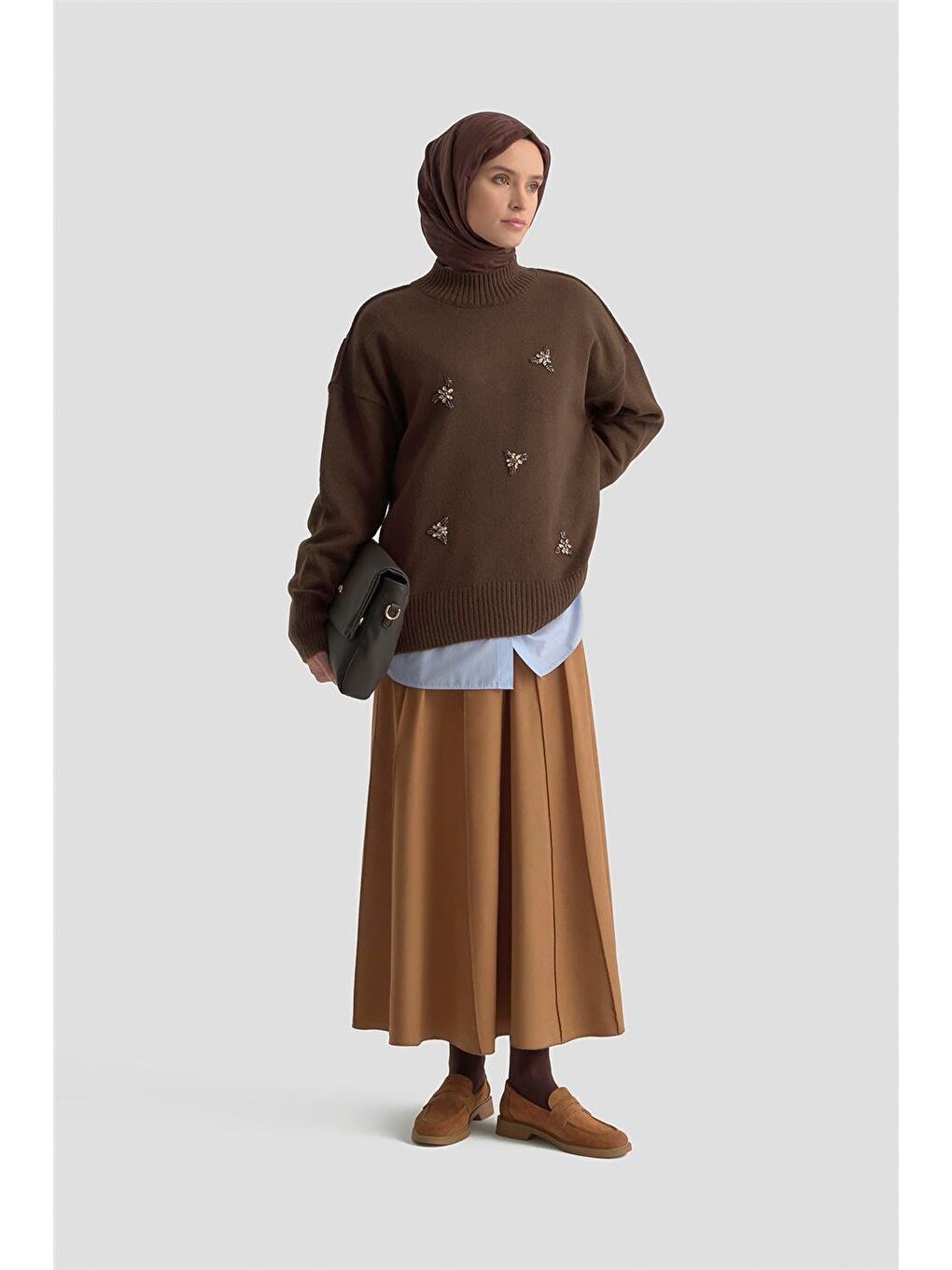 Kahverengi Nakışlı Oversize Kazak 25Kd6015 Acı Kahve-3