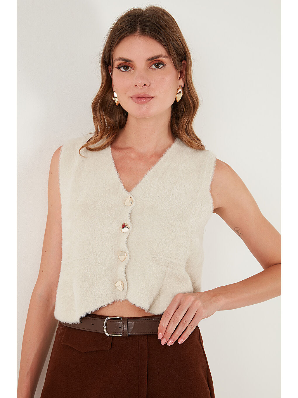 Bej Regular Fit V Yaka Yumuşak Dokulu Düğmeli Yelek 4615241-3